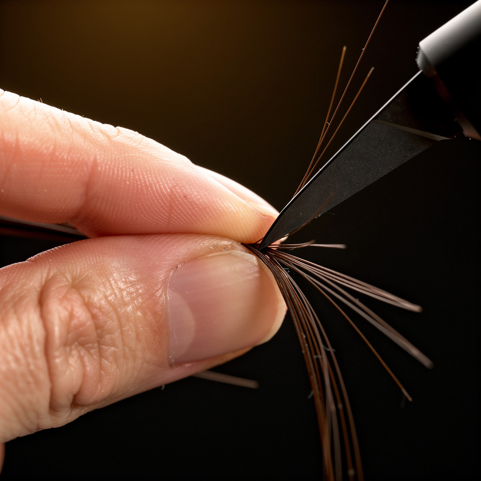Calligraphy-Cut-Klinge gleitet durch die Spitzen einer Haarsträhne